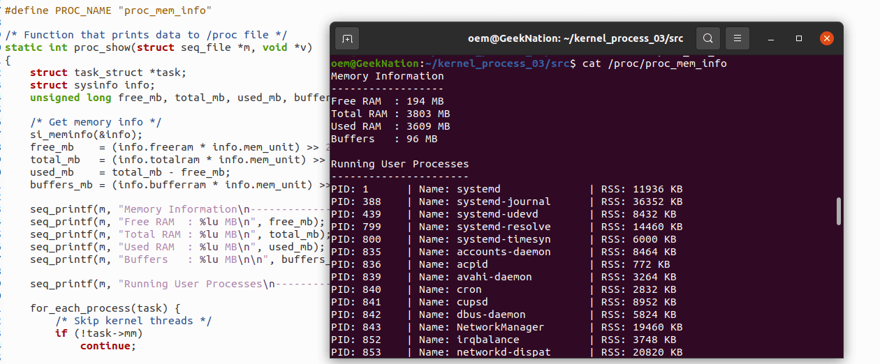Linux Kernel Module for Memory and Per-Process RSS via /proc